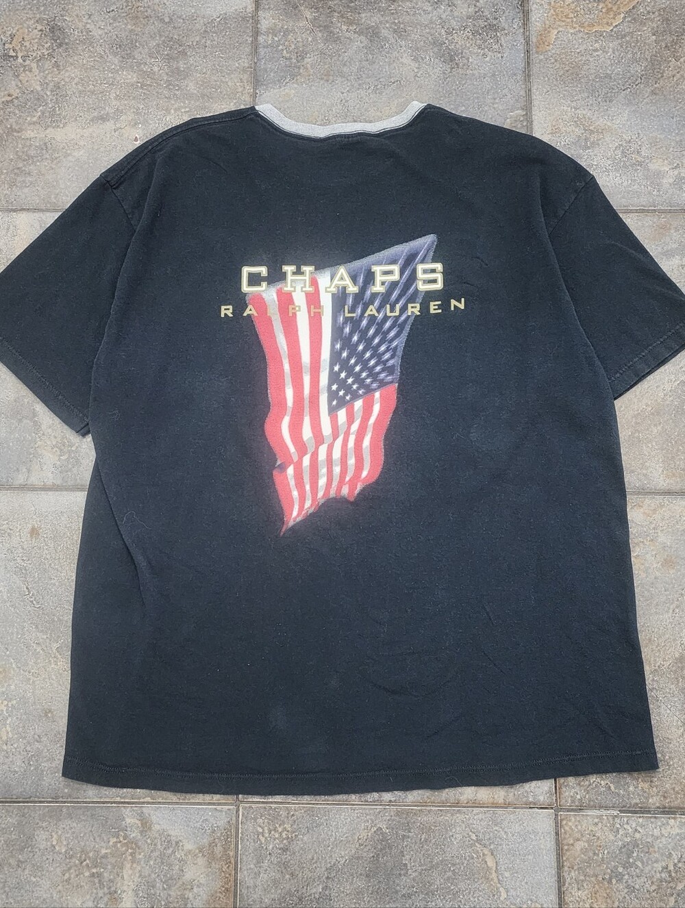 Vintage Y2K Chaps Ralph Lauren Men's XL Flag Spellout Preppy Ringer T Shirt